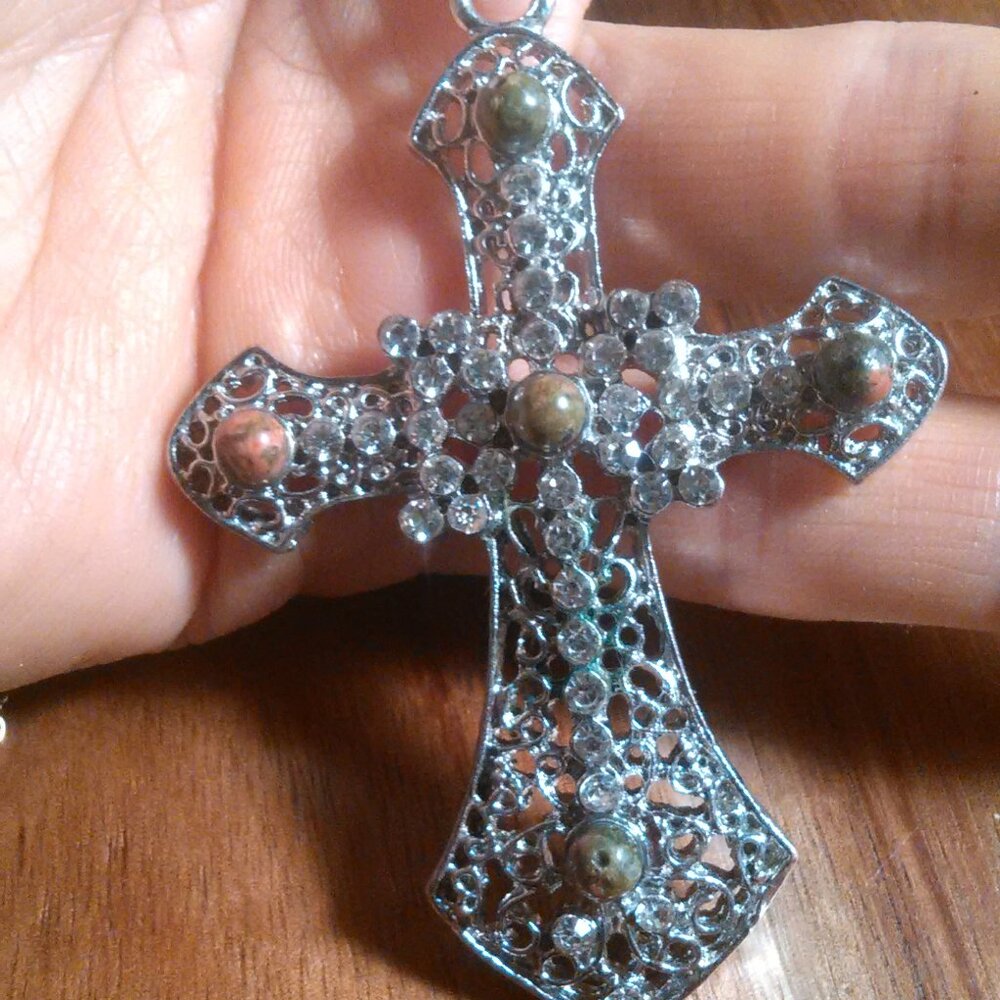 Unakite and White Crystal Silvertone Cross Stainless Steel Necklace
